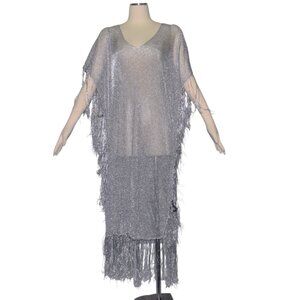 Zara Silver Metallic Knit Crochet Caftan Dress Fringe M